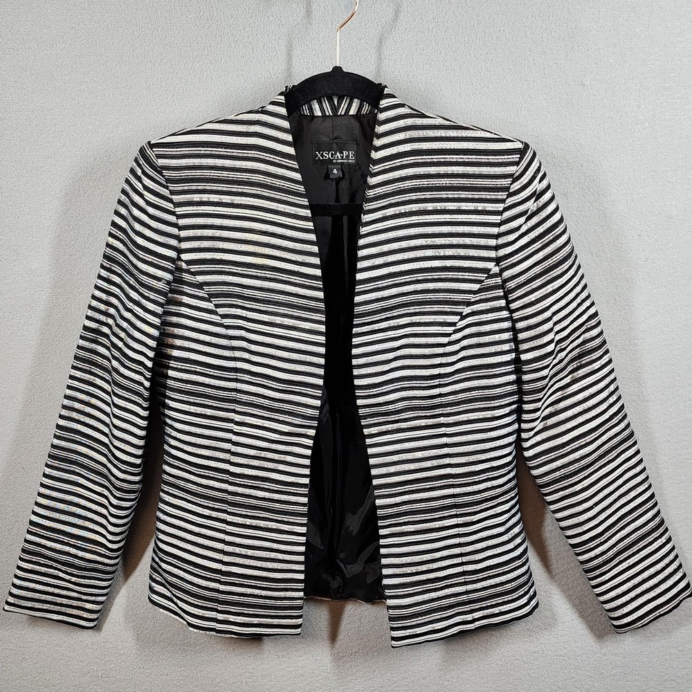 Xscape Blazer Womens 4 Black White Striped Metallic Open Front Jacket Made USA - Picture 1 of 8